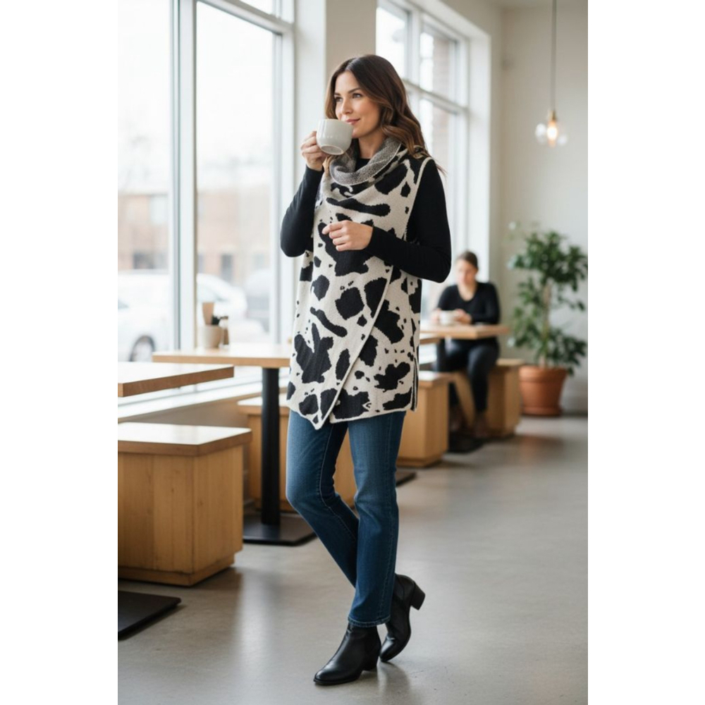Women's Boutique Cow Print Poncho Sweater Black Beige Free Size up to a 1X